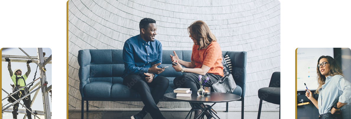 Collage of workers in various industries; construction, presentations, and meetings